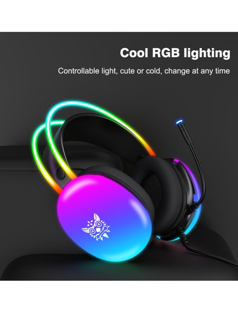Gaming Headset with Mic, RGB Rainbow Lighting, PC Wired Lightweight Gaming Headphones for PS4/PS5/XOne/XSeries/NSwitch/PC, Stereo Surround Sound, Self-Adjusting Headband,Black