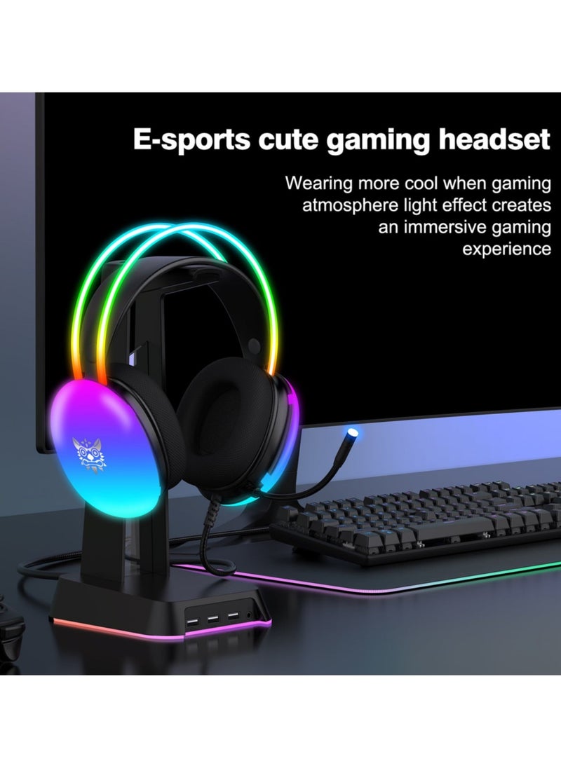 Gaming Headset with Mic, RGB Rainbow Lighting, PC Wired Lightweight Gaming Headphones for PS4/PS5/XOne/XSeries/NSwitch/PC, Stereo Surround Sound, Self-Adjusting Headband,Black