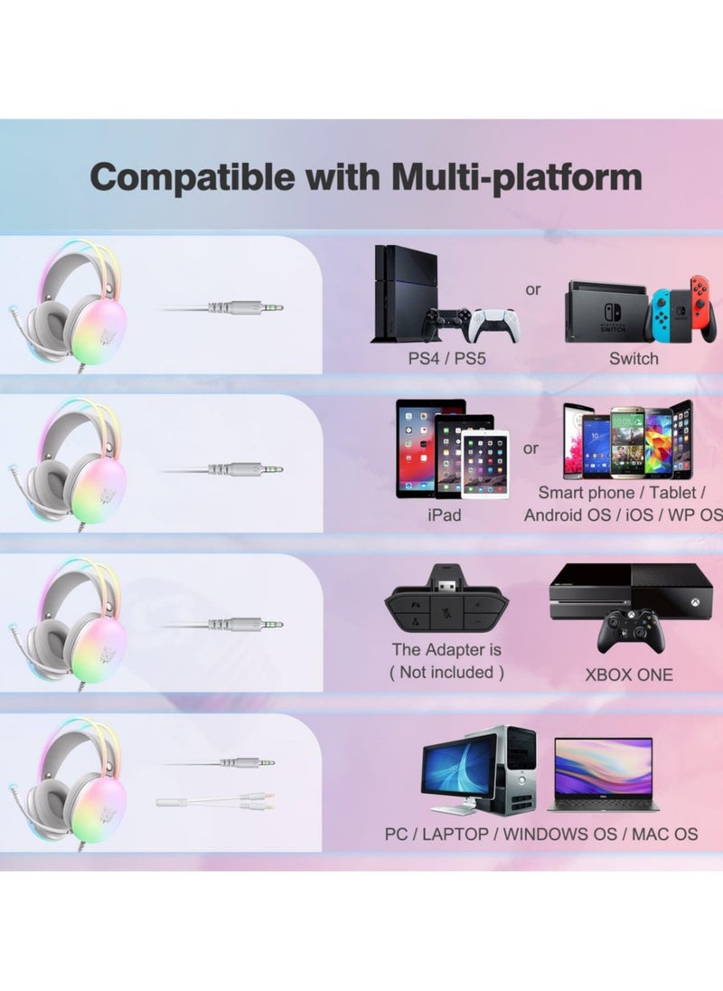 Gaming Headset with Mic, RGB Rainbow Lighting, PC Wired Lightweight Gaming Headphones for PS4/PS5/XOne/XSeries/NSwitch/PC, Stereo Surround Sound, Self-Adjusting Headband,Black