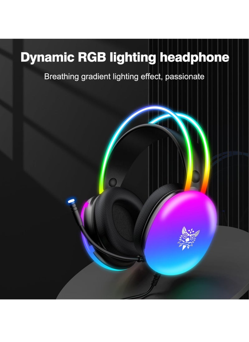 Gaming Headset with Mic, RGB Rainbow Lighting, PC Wired Lightweight Gaming Headphones for PS4/PS5/XOne/XSeries/NSwitch/PC, Stereo Surround Sound, Self-Adjusting Headband,Black