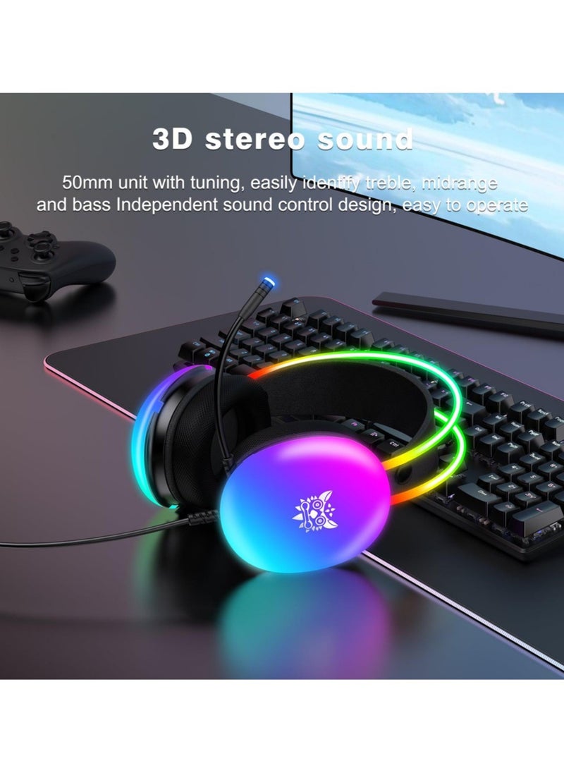 Gaming Headset with Mic, RGB Rainbow Lighting, PC Wired Lightweight Gaming Headphones for PS4/PS5/XOne/XSeries/NSwitch/PC, Stereo Surround Sound, Self-Adjusting Headband,Black