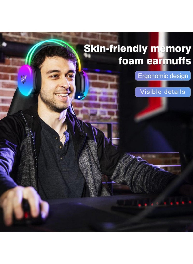 Gaming Headset with Mic, RGB Rainbow Lighting, PC Wired Lightweight Gaming Headphones for PS4/PS5/XOne/XSeries/NSwitch/PC, Stereo Surround Sound, Self-Adjusting Headband,Black