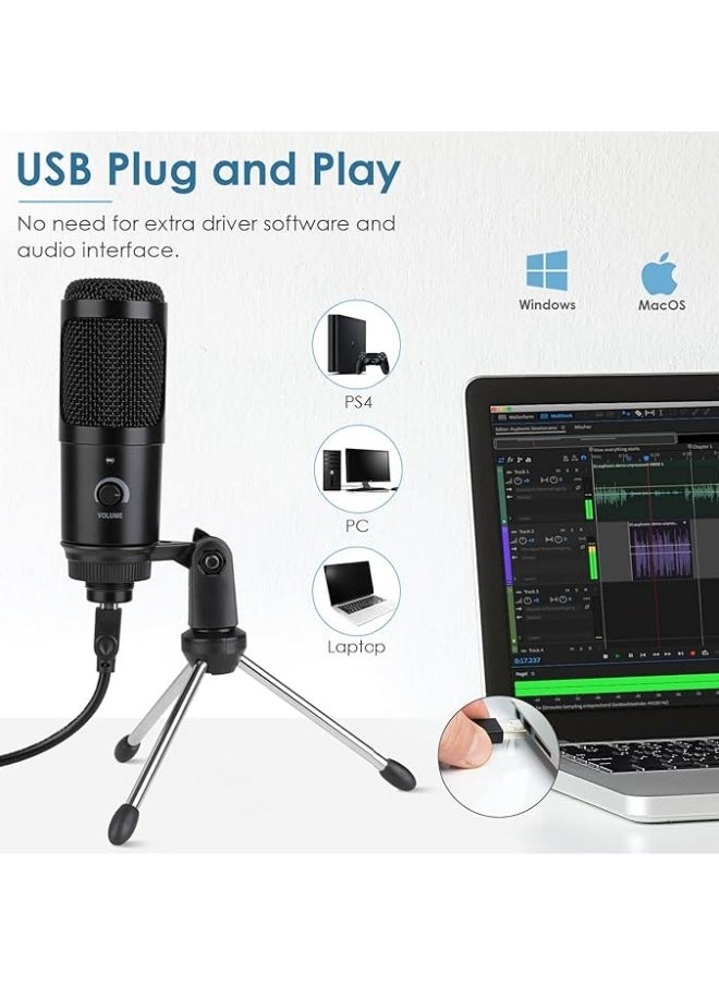 USB Microphone Plug and Play, Capacitor Microphone Cardioid Pickup PC Laptop Recording Microphone Portable and Lightweight, Microphone Set with Stand External Microphones