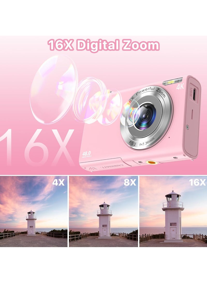 Digital Camera, 4K Vlogging Camera for YouTube Autofocus 48MP UHD Cameras for Photography with Anti-Shake, 16X Digital Zoom Point and Shoot Digital Camera with 32GB Card for Teens Adult Beginner