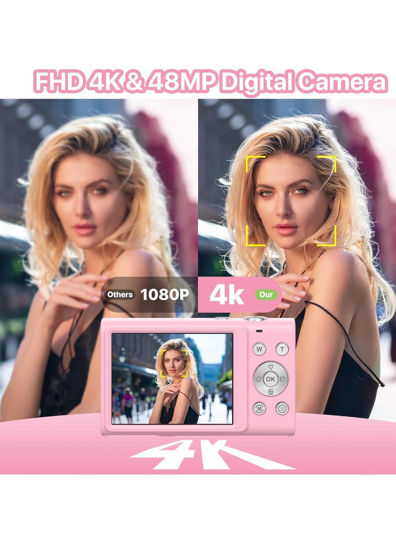 Digital Camera, 4K Vlogging Camera for YouTube Autofocus 48MP UHD Cameras for Photography with Anti-Shake, 16X Digital Zoom Point and Shoot Digital Camera with 32GB Card for Teens Adult Beginner