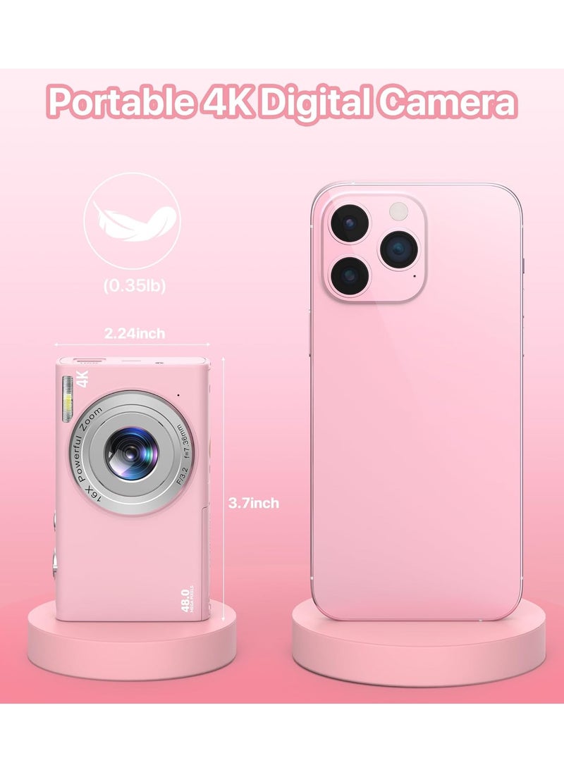 Digital Camera, 4K Vlogging Camera for YouTube Autofocus 48MP UHD Cameras for Photography with Anti-Shake, 16X Digital Zoom Point and Shoot Digital Camera with 32GB Card for Teens Adult Beginner