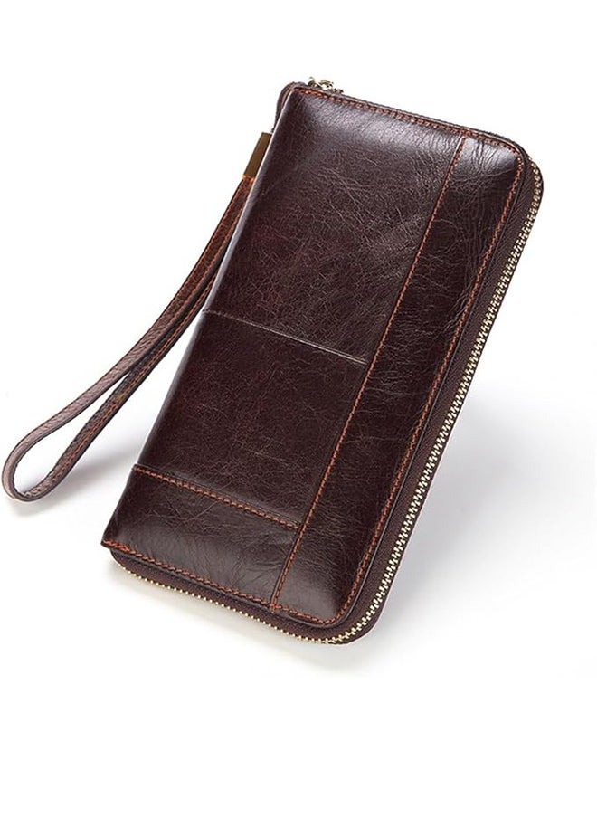 Men's Long Clutch Bag Genuine Leather Wallet Multi-Layer Cowhide Wallet Business Mobile Phone Bag Multi-Function Brown