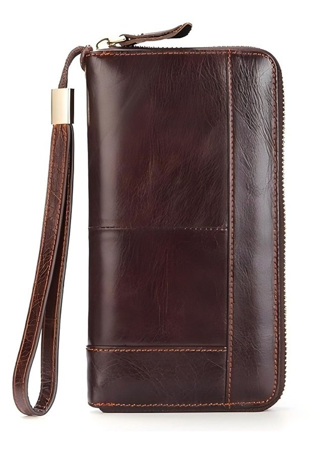 Men's Long Clutch Bag Genuine Leather Wallet Multi-Layer Cowhide Wallet Business Mobile Phone Bag Multi-Function Brown