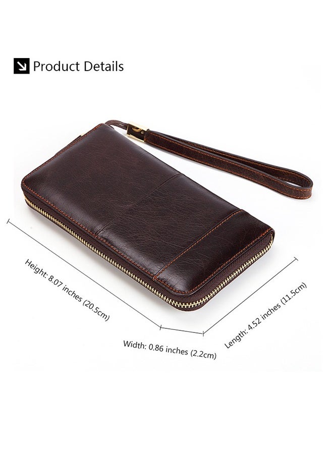 Men's Long Clutch Bag Genuine Leather Wallet Multi-Layer Cowhide Wallet Business Mobile Phone Bag Multi-Function Brown