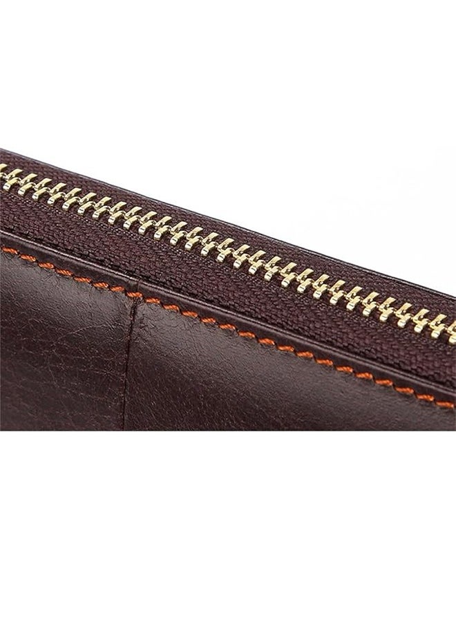 Men's Long Clutch Bag Genuine Leather Wallet Multi-Layer Cowhide Wallet Business Mobile Phone Bag Multi-Function Brown