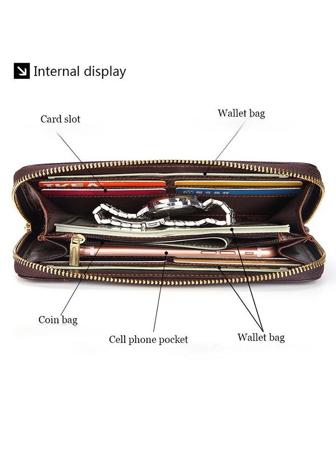Men's Long Clutch Bag Genuine Leather Wallet Multi-Layer Cowhide Wallet Business Mobile Phone Bag Multi-Function Brown