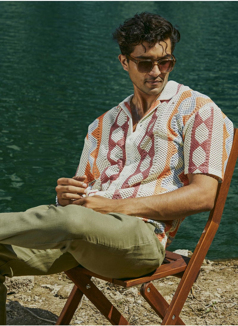 Men's Tangerine Orange & Crimson Red Geometric Block Oversized Shirt