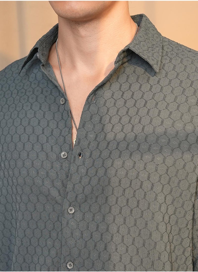 Men's Charcoal Grey Honeycomb-Textured Oversized Shirt