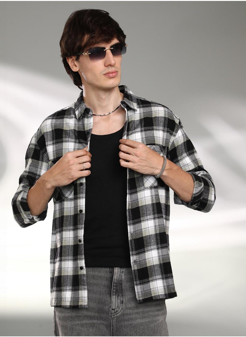 Men's Onyx Black & Daisy White Tartan Plaid Shacket