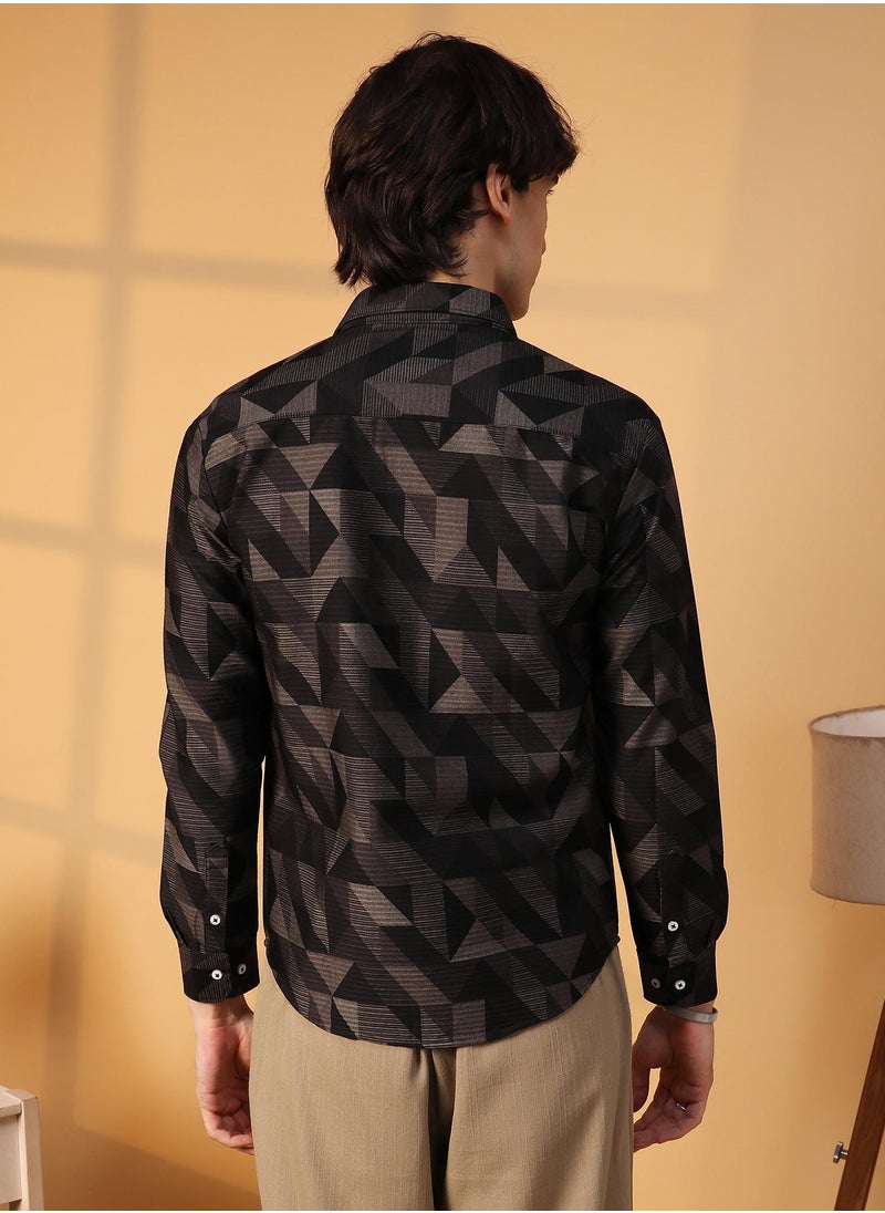 Men's Midnight Black Geometric Seersucker Shirt