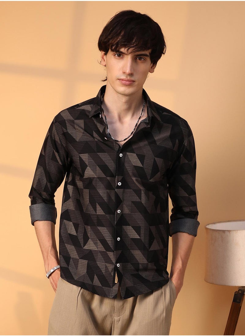 Men's Midnight Black Geometric Seersucker Shirt