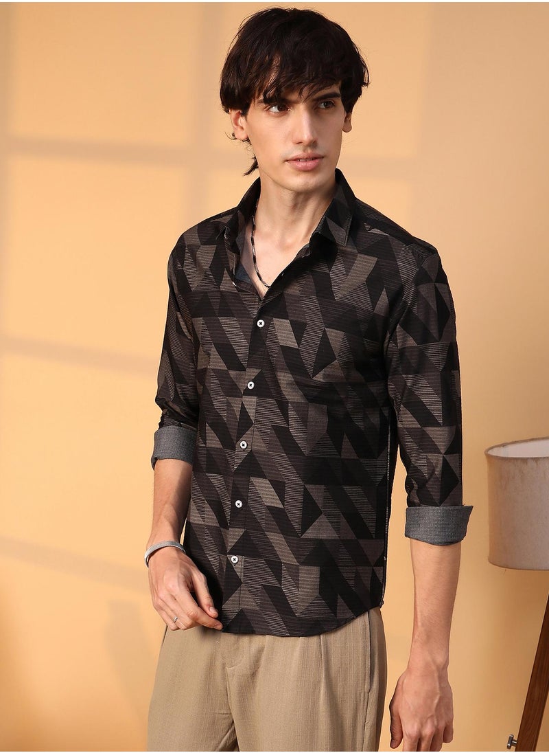 Men's Midnight Black Geometric Seersucker Shirt