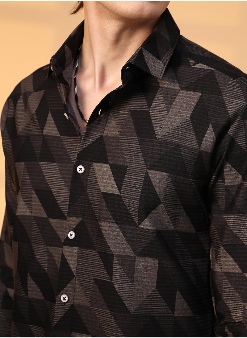 Men's Midnight Black Geometric Seersucker Shirt