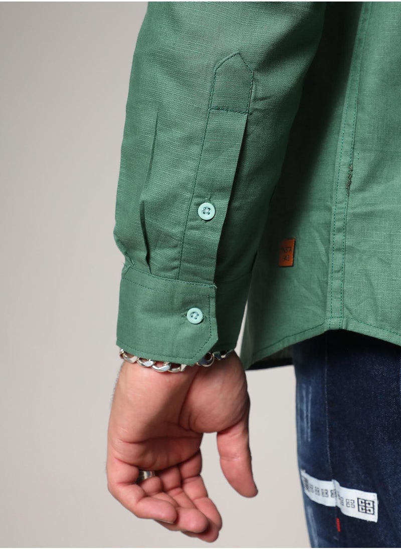 Instafab Plus Men's Fern Green Basic Button-Up Shirt For Casual Wear | Mandarin Collar | Long Sleeve | Button Closure | Shirt Crafted With Comfort With For Everyday Wear
