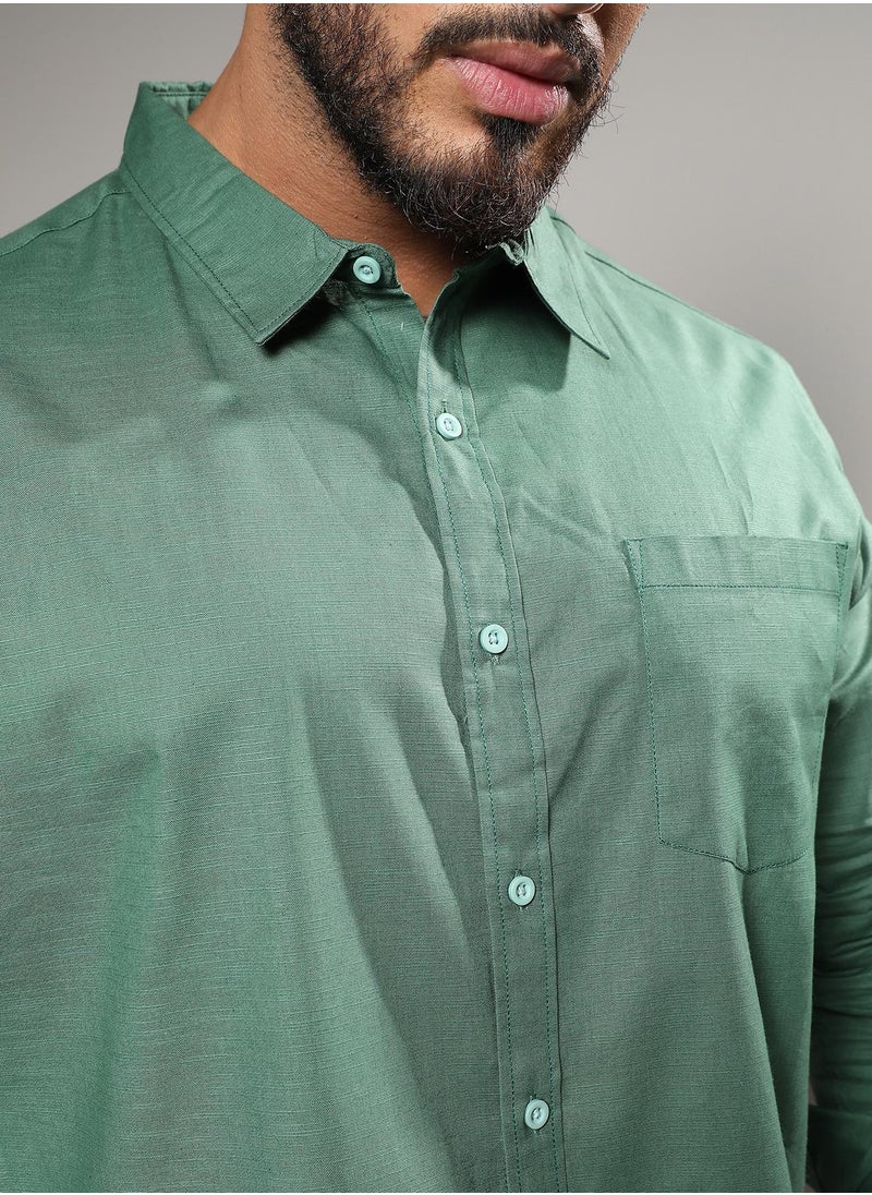 Instafab Plus Men's Fern Green Basic Button-Up Shirt For Casual Wear | Mandarin Collar | Long Sleeve | Button Closure | Shirt Crafted With Comfort With For Everyday Wear