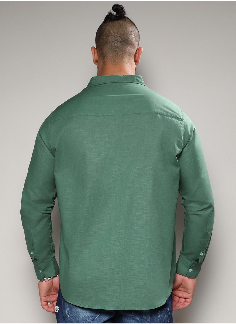 Instafab Plus Men's Fern Green Basic Button-Up Shirt For Casual Wear | Mandarin Collar | Long Sleeve | Button Closure | Shirt Crafted With Comfort With For Everyday Wear