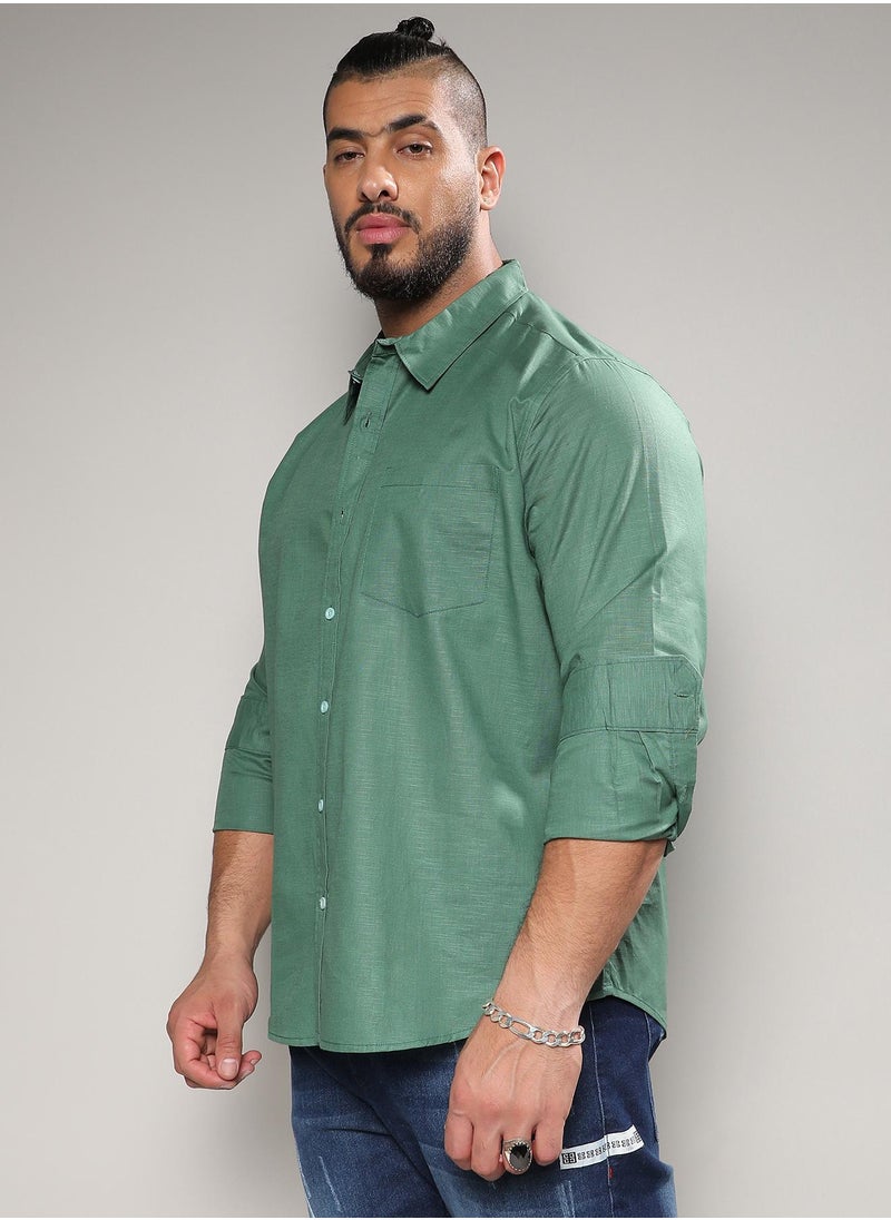Instafab Plus Men's Fern Green Basic Button-Up Shirt For Casual Wear | Mandarin Collar | Long Sleeve | Button Closure | Shirt Crafted With Comfort With For Everyday Wear