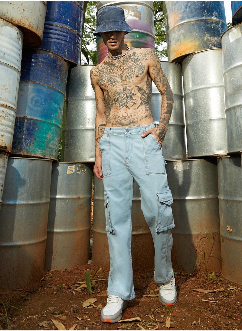 Men's Light Blue Utility Cargo Denim Jeans