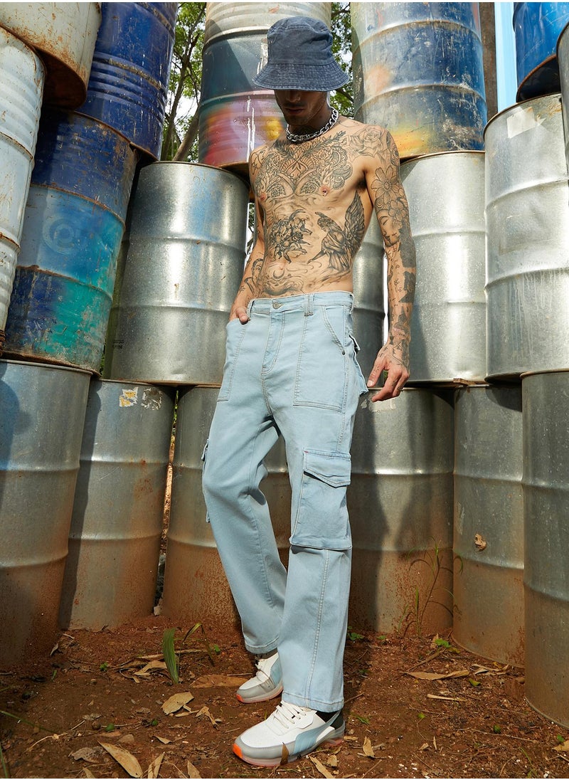 Men's Light Blue Utility Cargo Denim Jeans