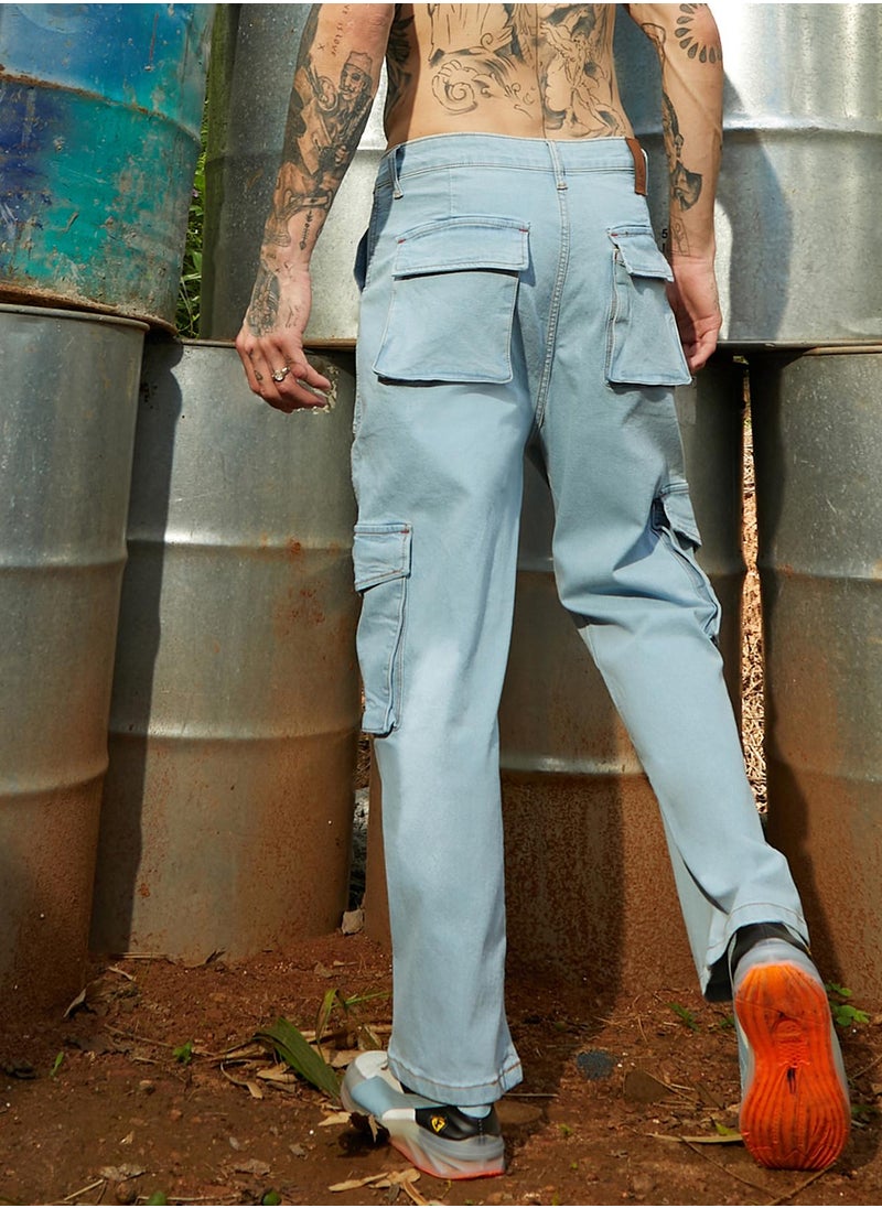 Men's Light Blue Utility Cargo Denim Jeans