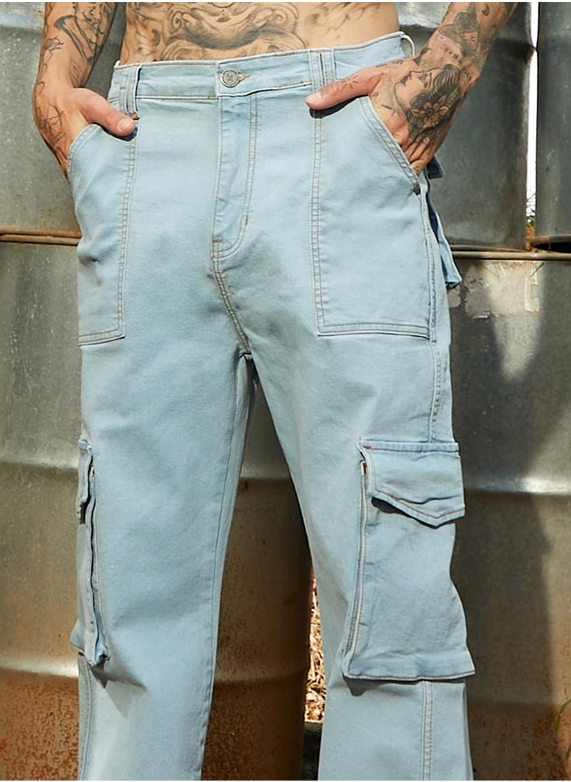 Men's Light Blue Utility Cargo Denim Jeans