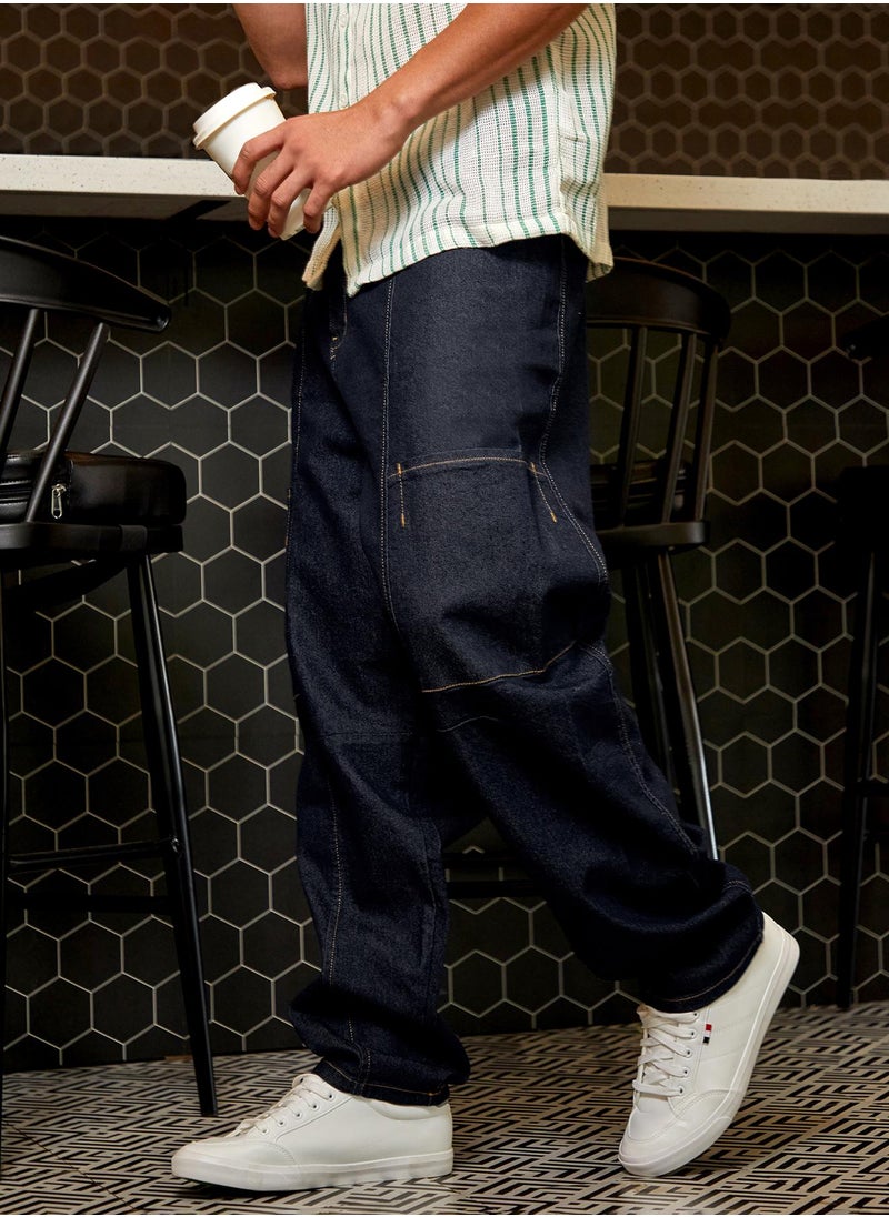 Men's Navy Blue Baggy Cargo Denim Jeans