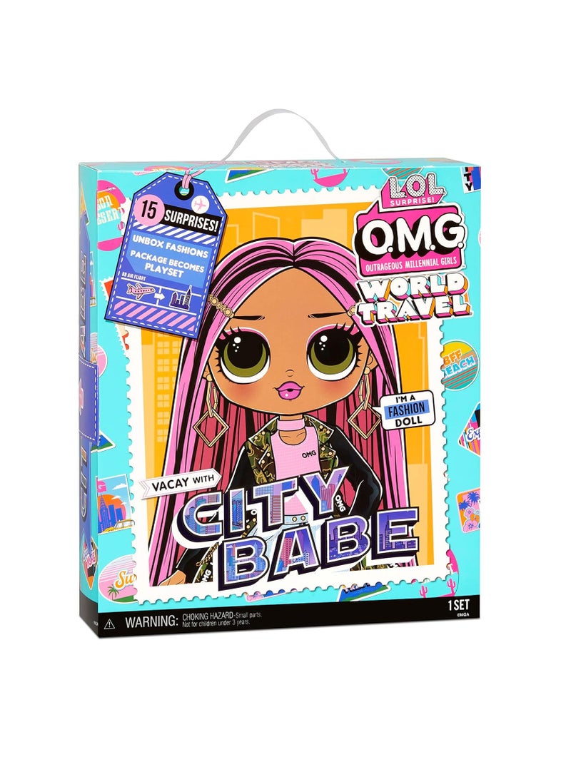OMG World Traveler Fashion doll - CITY BABE - With 15 surprises incl. outfit, shoes, travel accessories u0026 more - Reusable play set - Collectable - For kids aged 4+ years.