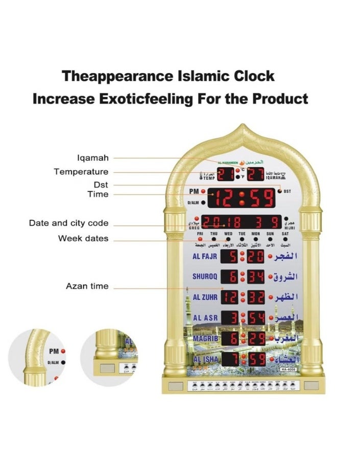Digital Muslim Clock with  Islamic Wall Clock，《With remote control》Mosque Prayer Time Wall Clock, Mosque Clock with Full Azaan, (Gold)