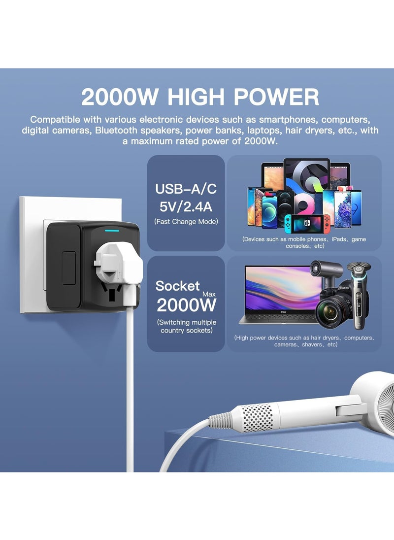 Travel Adapter, International Travel Plug Adapter with 1 USB C and 2 USB Ports, All in One Worldwide Plug Adaptor, UK to European Power Universal Plug Adaptor for EU USA Australia