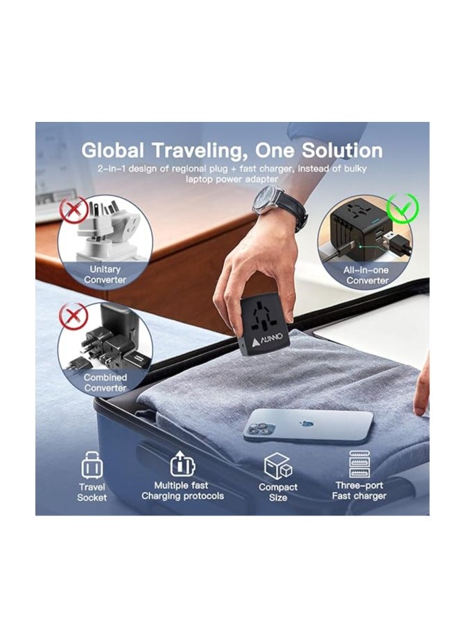 Travel Adapter, International Travel Plug Adapter with 1 USB C and 2 USB Ports, All in One Worldwide Plug Adaptor, UK to European Power Universal Plug Adaptor for EU USA Australia