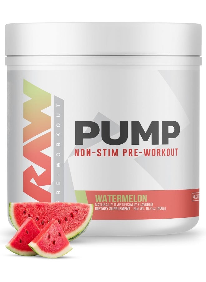 RAW Pump Stim Free Non-Stimulant Pre Workout Supplement Powder Nitric Oxide Booster | Pre Workout Supplements Drink for Powerful Pumps During Workout | Watermelon (40 Servings)