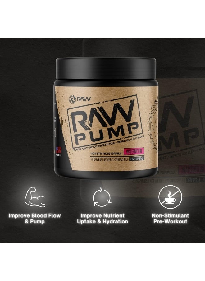 RAW Pump Stim Free Non-Stimulant Pre Workout Supplement Powder Nitric Oxide Booster | Pre Workout Supplements Drink for Powerful Pumps During Workout | Watermelon (40 Servings)