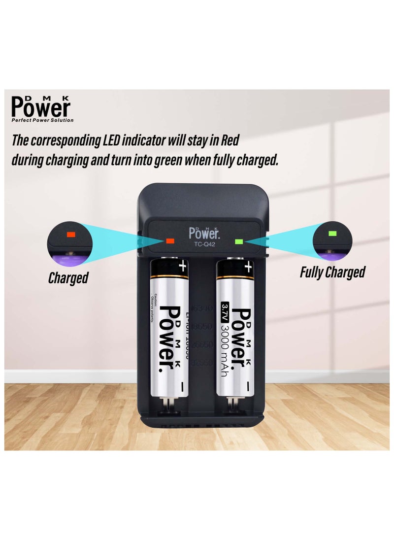 4pcs Rechargeable Button Top Li-on Battery 18650 3.7V 3000MAH Battery Compatible with (TC-Q42) Charger 2-slot USB Charger fit for 3.7V Li-ion Rechargeable Battery 18650 32650 21700 26650 22650 18500 18350 17670 16340