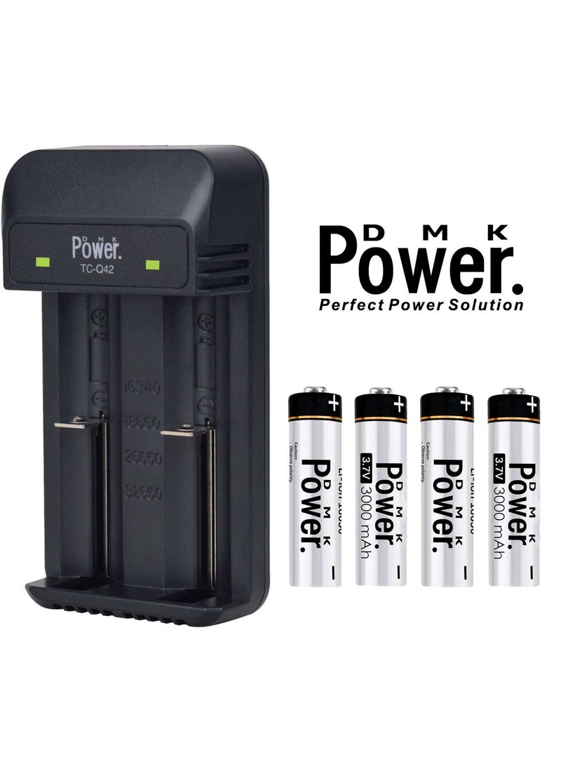 4pcs Rechargeable Button Top Li-on Battery 18650 3.7V 3000MAH Battery Compatible with (TC-Q42) Charger 2-slot USB Charger fit for 3.7V Li-ion Rechargeable Battery 18650 32650 21700 26650 22650 18500 18350 17670 16340