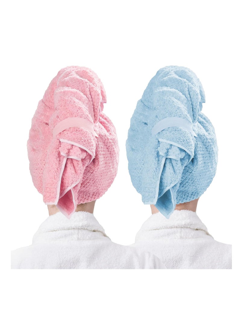 Microfiber Hair Towel Wrap for Women 2 Pack, Soft Hair Drying Towel Anti Frizz with Elastic Strap, Ultra Absorbent Drying Hair Turbans for Curly, Wet Hair, Long, Thick Hair