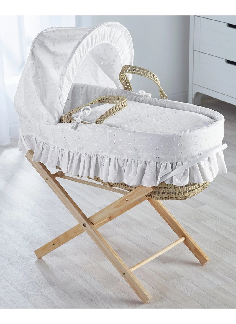 Kinder Valley Broderie Anglaise Palm Moses Basket, Handmade with Folding Stand, Water Resistant Mattress and Adjustable Hood, 0-6 Months