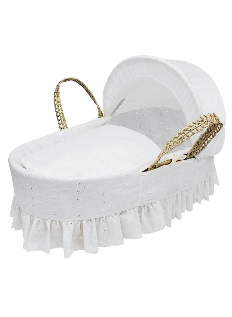 Kinder Valley Broderie Anglaise Palm Moses Basket, Handmade with Folding Stand, Water Resistant Mattress and Adjustable Hood, 0-6 Months