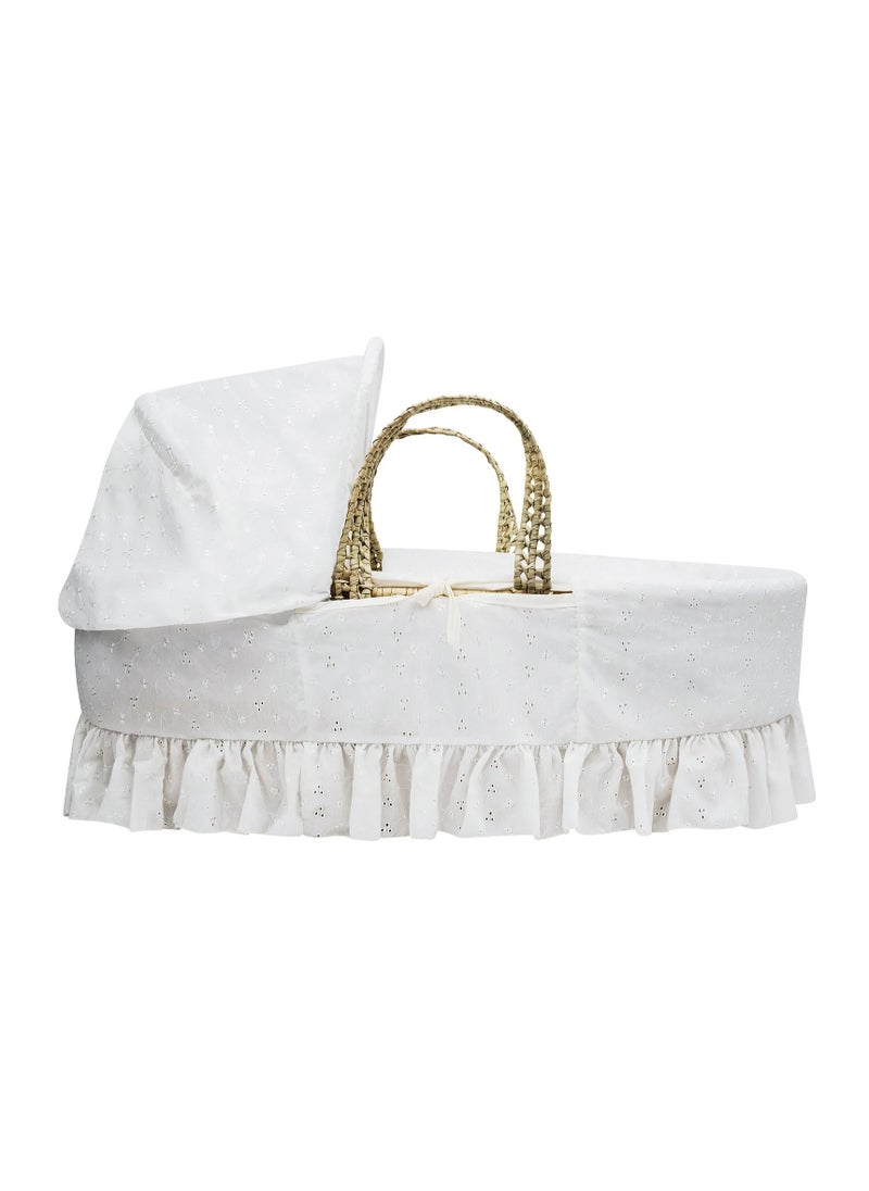 Kinder Valley Broderie Anglaise Palm Moses Basket, Handmade with Folding Stand, Water Resistant Mattress and Adjustable Hood, 0-6 Months