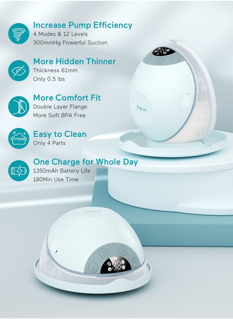 Paruu P20 Wearable Breast Pump Hands Free，4 Modes & 12 Levels Suction with Soft Double-Sealed Flange, Electric & Portable Pump Accessories, LED Display