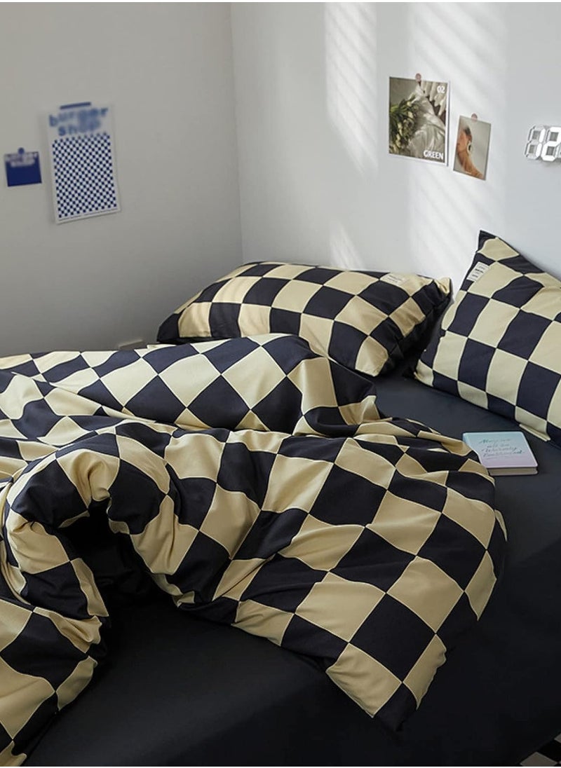 4-pcs Duvet Cover Set, Bed Cover Set with Duvet Cover Pillowcase, Geometric Checkered Pattern, Soft and Breathable, for Single, Double, Zippered Bed, Size: 180X220cm