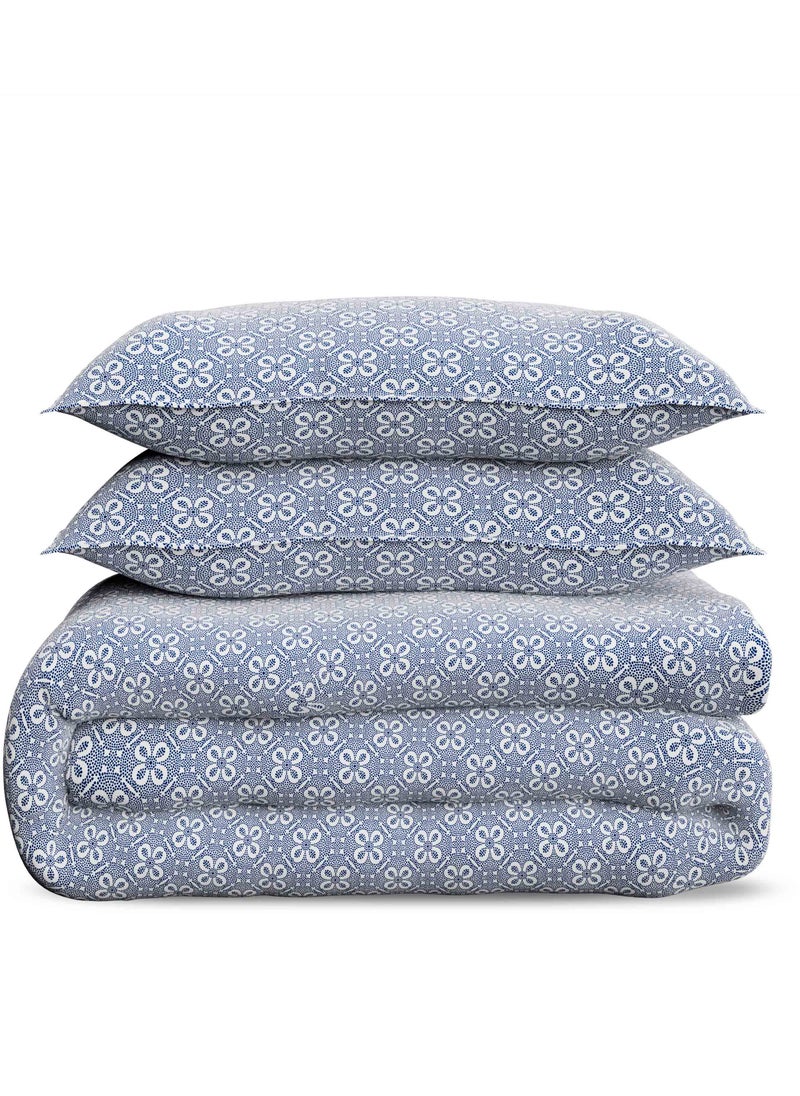 Print 1 Duvet Cover + 2 Pillow Covers Double Cotton Blue 200x160cm