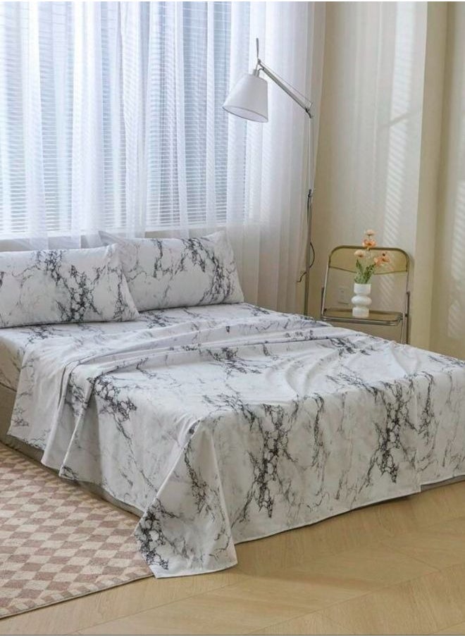 4 Pieces Bedsheet Set, White Marble.