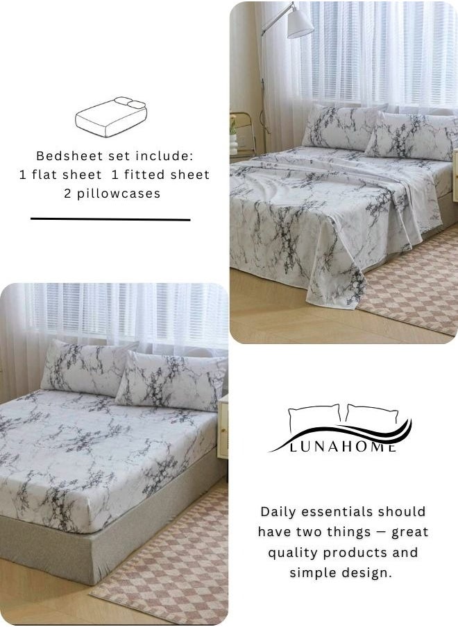 4 Pieces Bedsheet Set, White Marble.