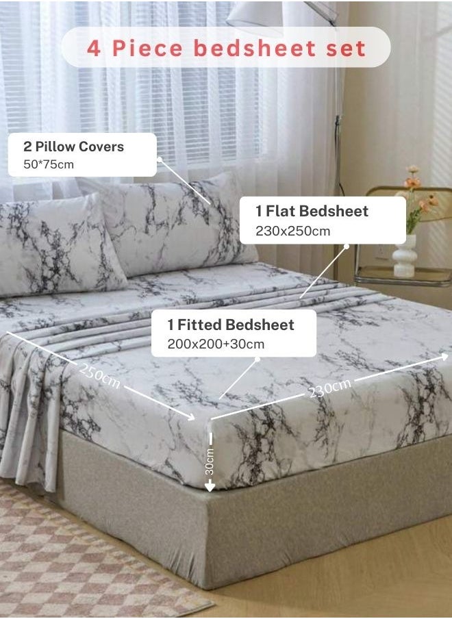 4 Pieces Bedsheet Set, White Marble.