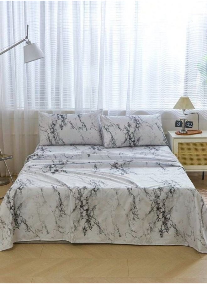 4 Pieces Bedsheet Set, White Marble.